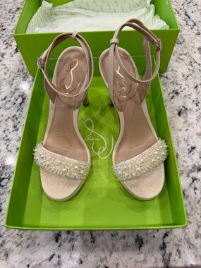 Sam Edelman Beaded Pearl Ankle-Strap Dress Sandals - Ivory